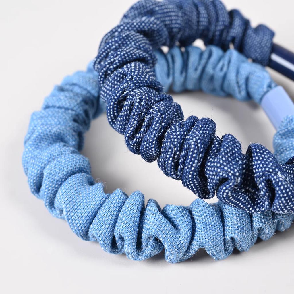 4PC Korean Denim Solid Blue Elasticity Hair Ties Rope Scrunchies for Women Girls Sport Ponytail Holder Hair Accessories