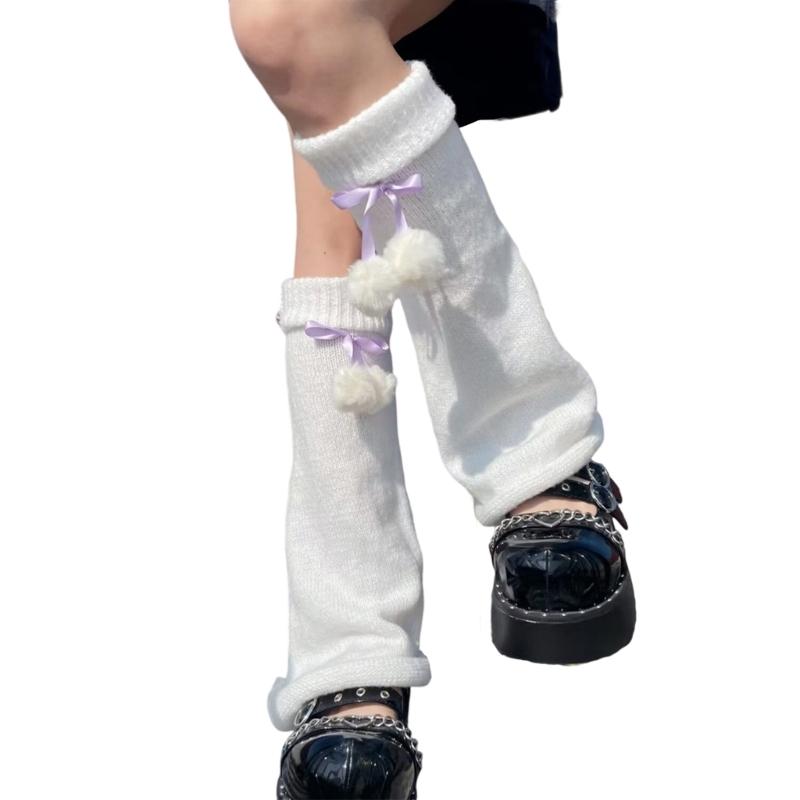 Women's Elastic Thermal Foot Covers with Furry Ball Bowknot Soft Knitted Leg Warmers Long Socks Cold Weather Accessories