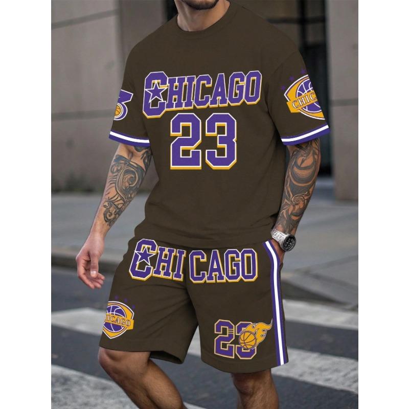 Men's Sports Short Sleeve Top Shorts Set Plus Size Breathable Basketball Sports Clothing Letter Print T-shirt Shorts 2-piece Set