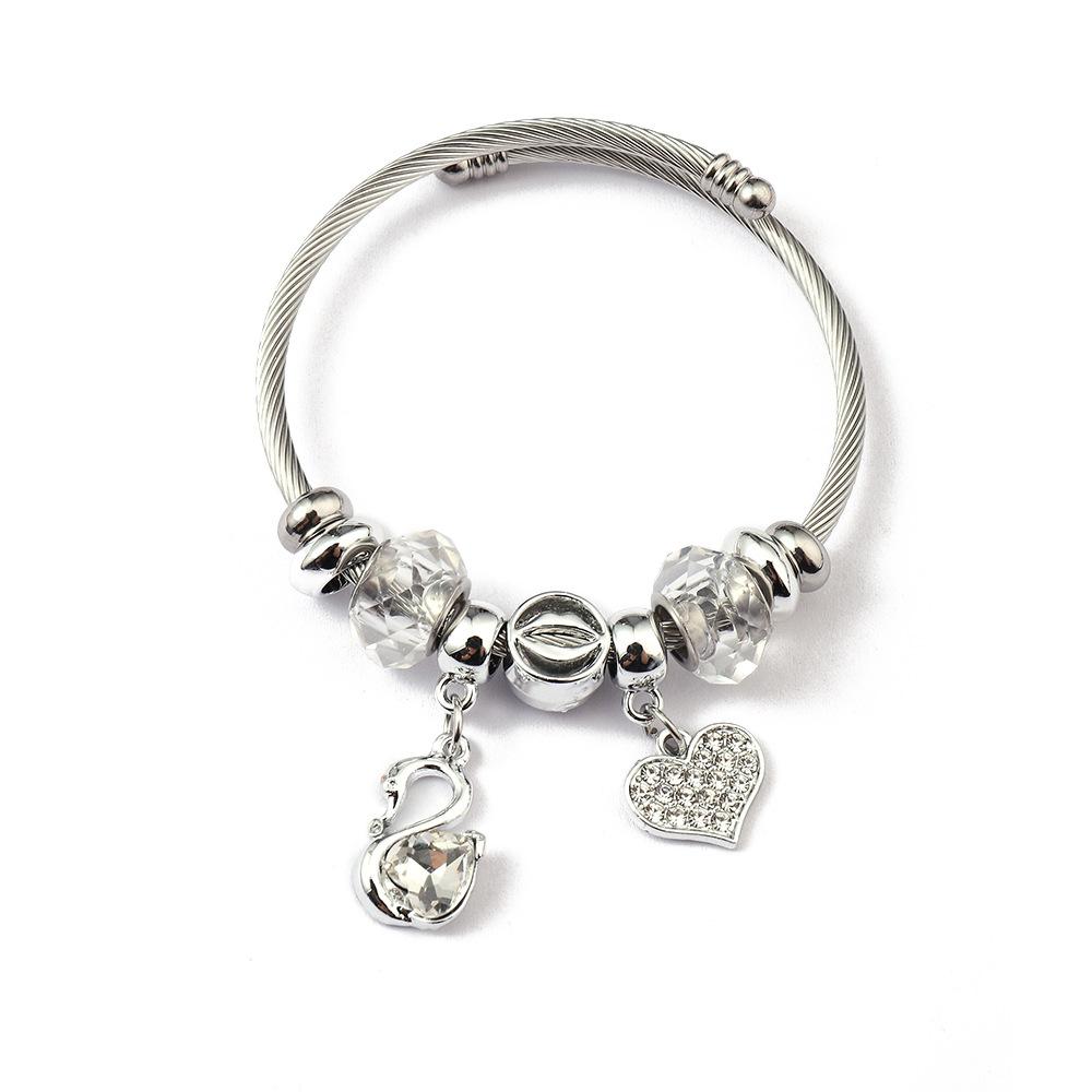 Simple Fashion Stainless Steel Bracelet With Crystal Bead Pendant Unisex Jewelry