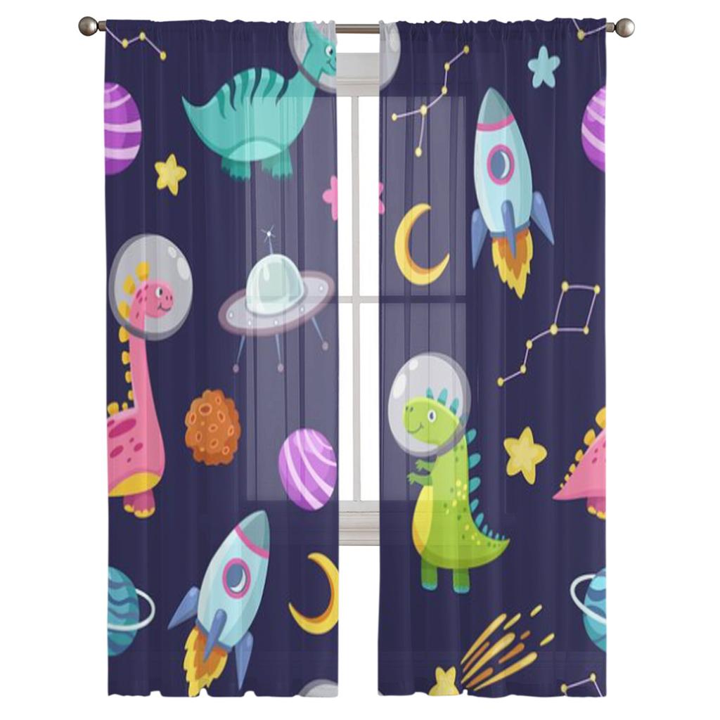 Raumschiff Rakete Dinosaurier Mond Transparente Vorhänge für Wohnzimmer Transparenter Tüll Fenstervorhang Schlafzimmer Küchendekor Schleier Drapierungen