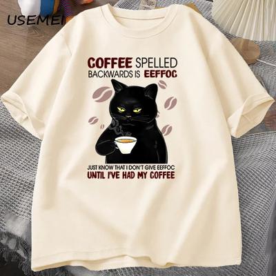 Coffee Spelled Backwards Cat T-shirt Funny Cute Graphic Tees Summer Unisex Cotton ONcek T Shirt Mens Clothes Oversized