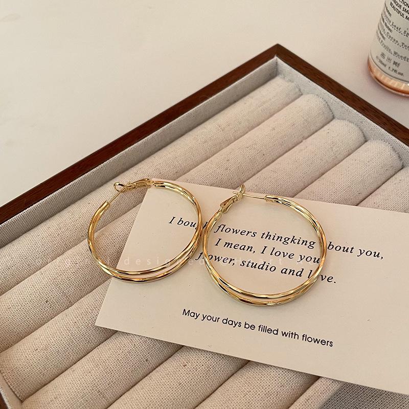 Double Layer Geometric Hoop Earrings - Women's Light Luxury Versatile Ear Cuffs, European & American Style, Exaggerated Circle Dangles Jewelry.