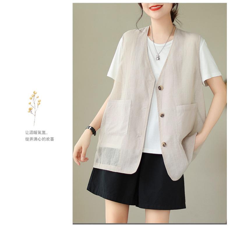 Women Plus Size Linen Blend Sleeveless Vest Open Front V Neck Top