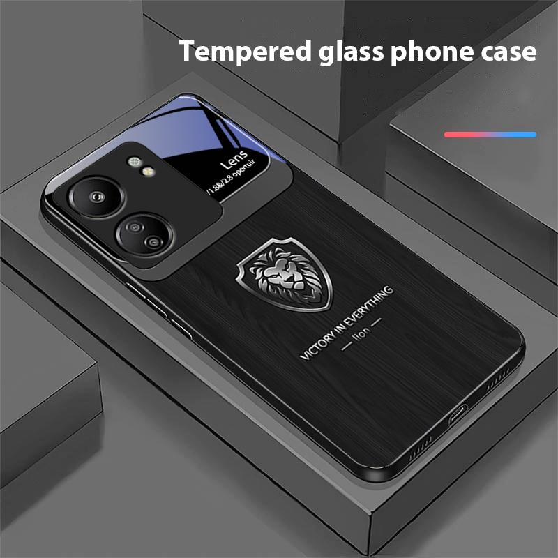Wood Grain Lion Head For Xiaomi Redmi 13C Note13 12 Pro Plus 5G Note 9 13T Pro POCO X6 F5 F6 Black Tempered Glass Phone Case