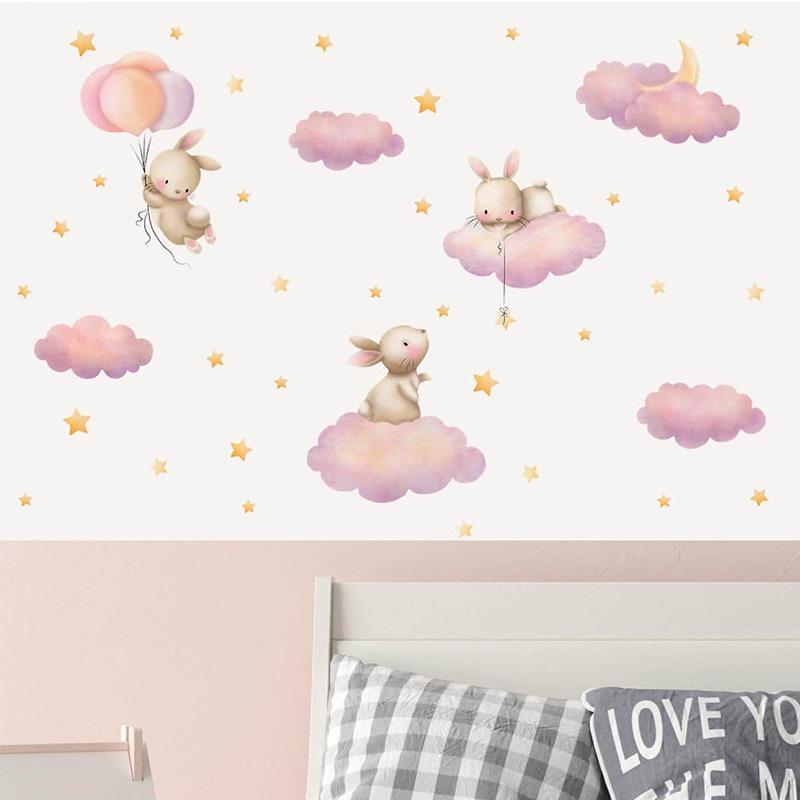 Kawaii Cartoon Pink Clouds Stars Watercolor Children Stickers Vinyl Nursery Wall Decals Kids Girls Baby Room Home Decor