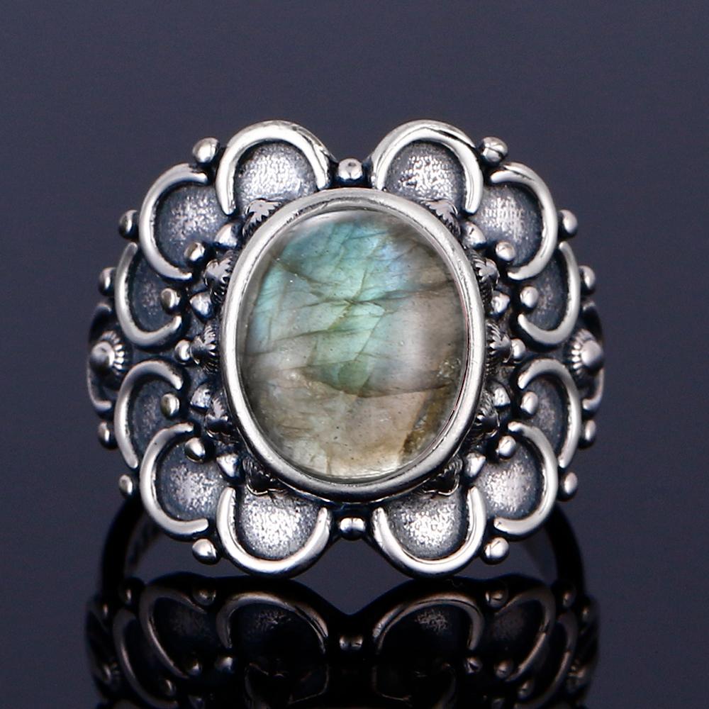 CopperRing for Women Oval Round Natural Labradorite Ring Gift Sun Shaped Retro Luxury Fine Jewelry