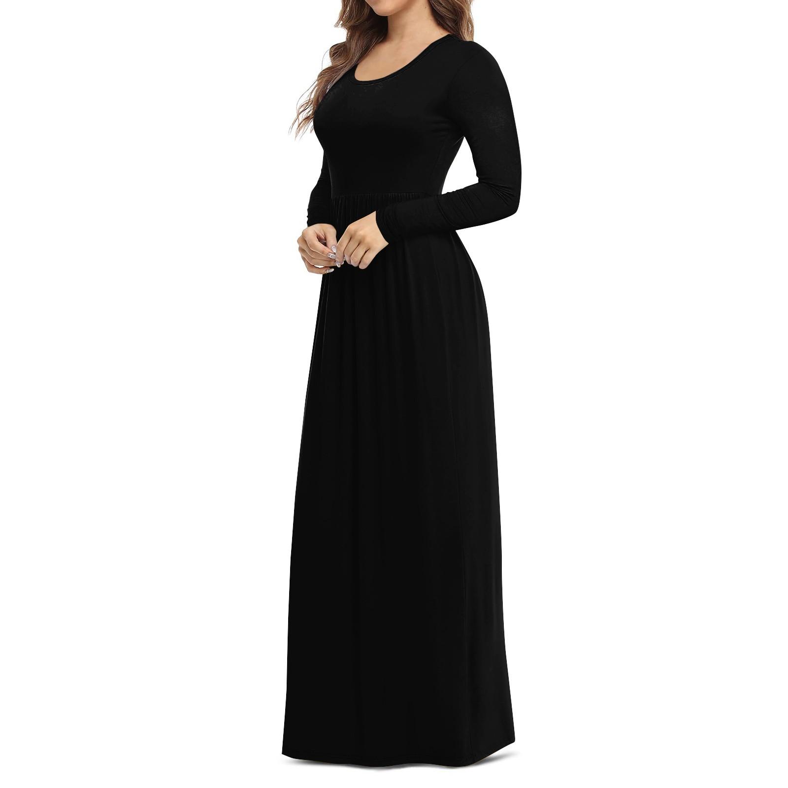 Женское модное повседневное однотонное платье с круглым вырезом и длинными рукавами — фото 3