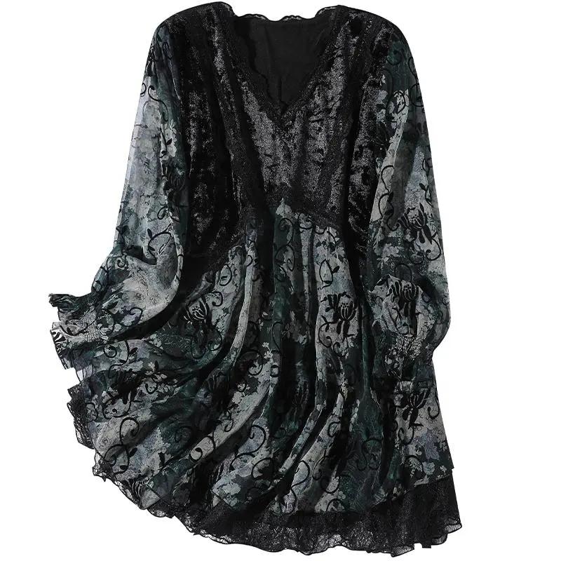 V-neck Lace Chiffon Shirts Women's Spring Autumn Fashion Temperament Velvet Splice T-shirts Loose Size Retro Print Top