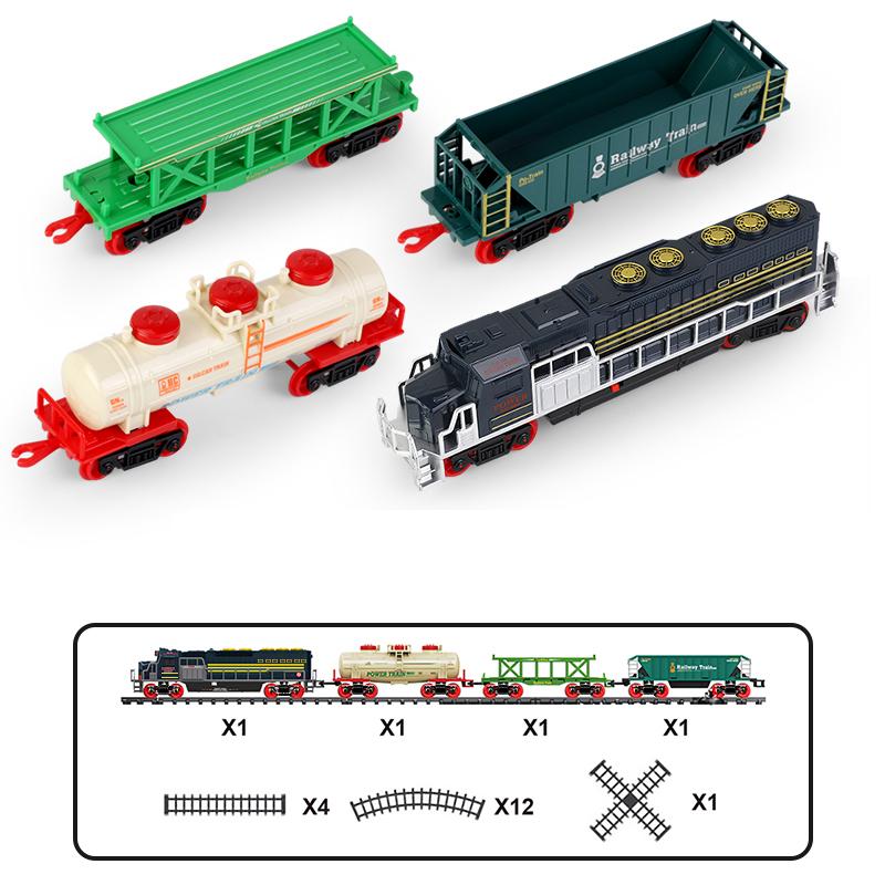 Elektrischer Schienenbahnzug Schienenauto mit Licht Geräuschen Simulation Retro Modellbahnen Klassisches Eisenbahn Güterzug Set für Kinder Geschenke
