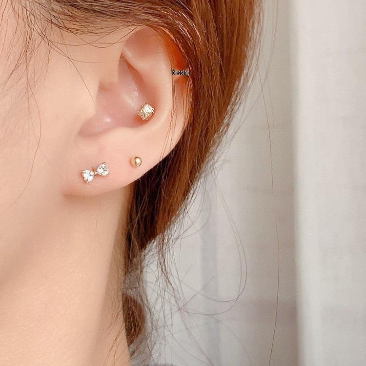 Fresh & Simple S925 Sterling Silver Earrings: 18K Gold Plated Bow Zirconia Stud & Screw-Back Ear Cuff