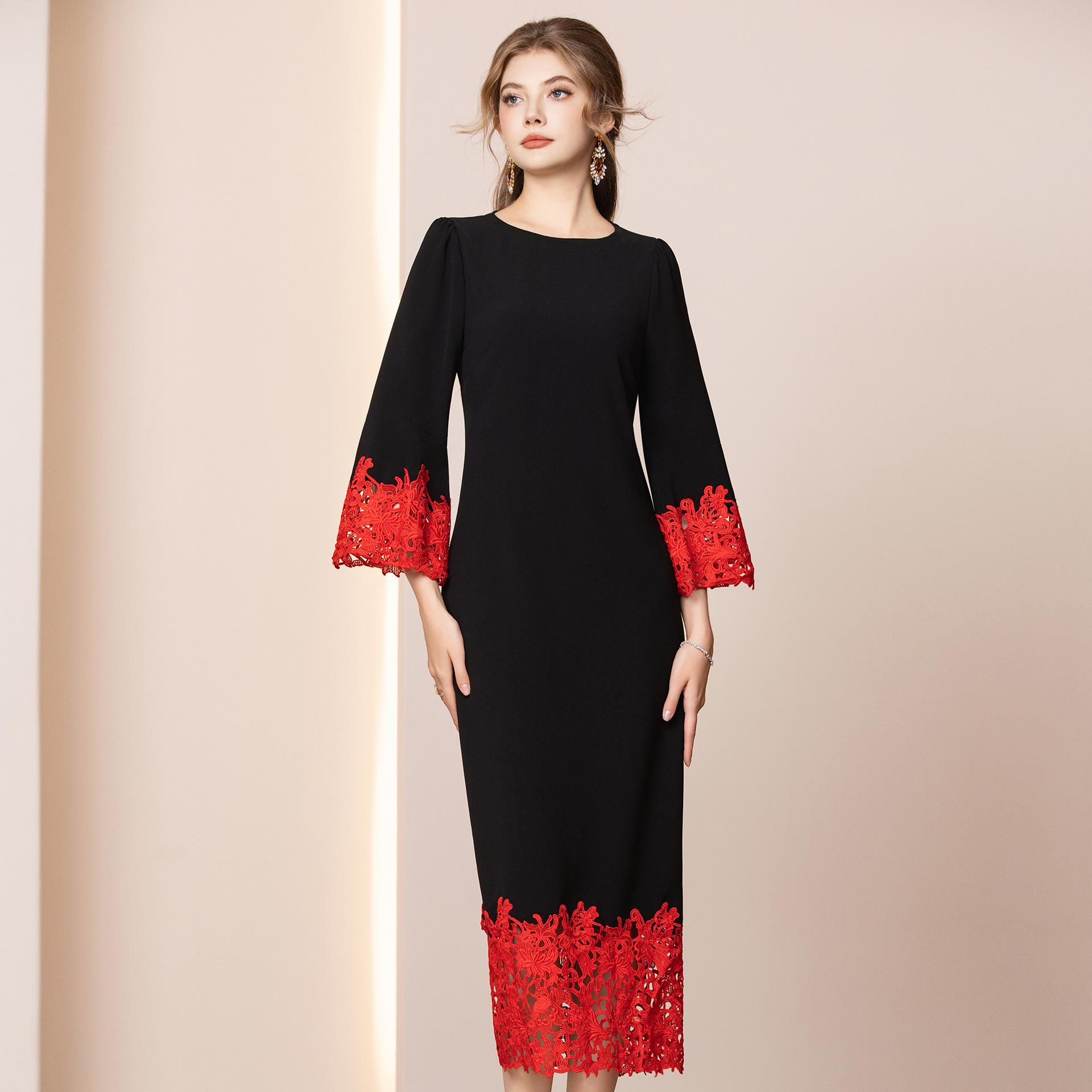 Zhi Li Элегантное официальное длинное платье с кружевными рукавами 2026 L чёрный/красный