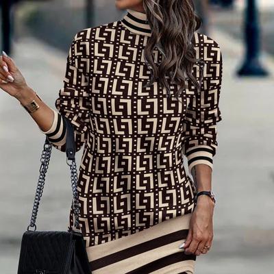 Autumn and Winter European and American Long-sleeved Turtleneck Printed Skirt Women Casual Dresses
