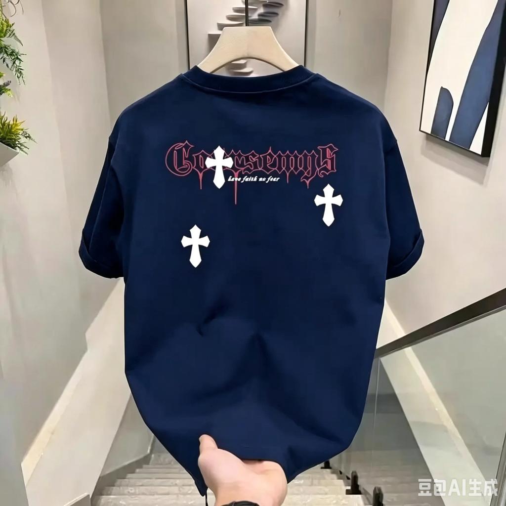 Summer New Unisexs Tshirt Street Fashion Casual Style 100 Cotton Round Neck Crossstitch Print Short Sleeves Loose Breathable