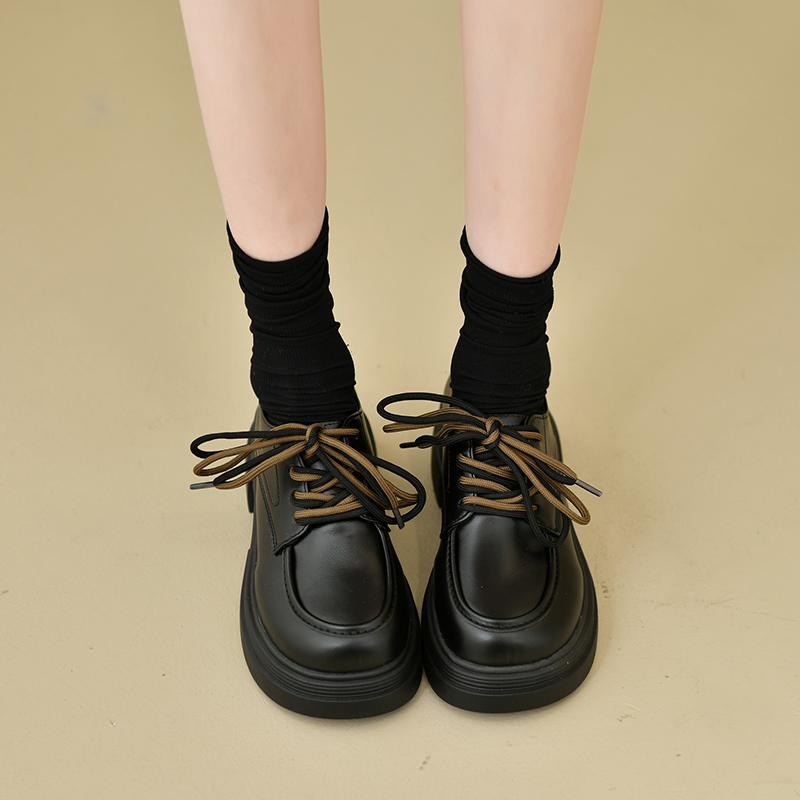 Spring New Women's Round Toe Thick Bottom Versatile Black Flats Uk Style Increase Heel Single Shoes Japanese Style