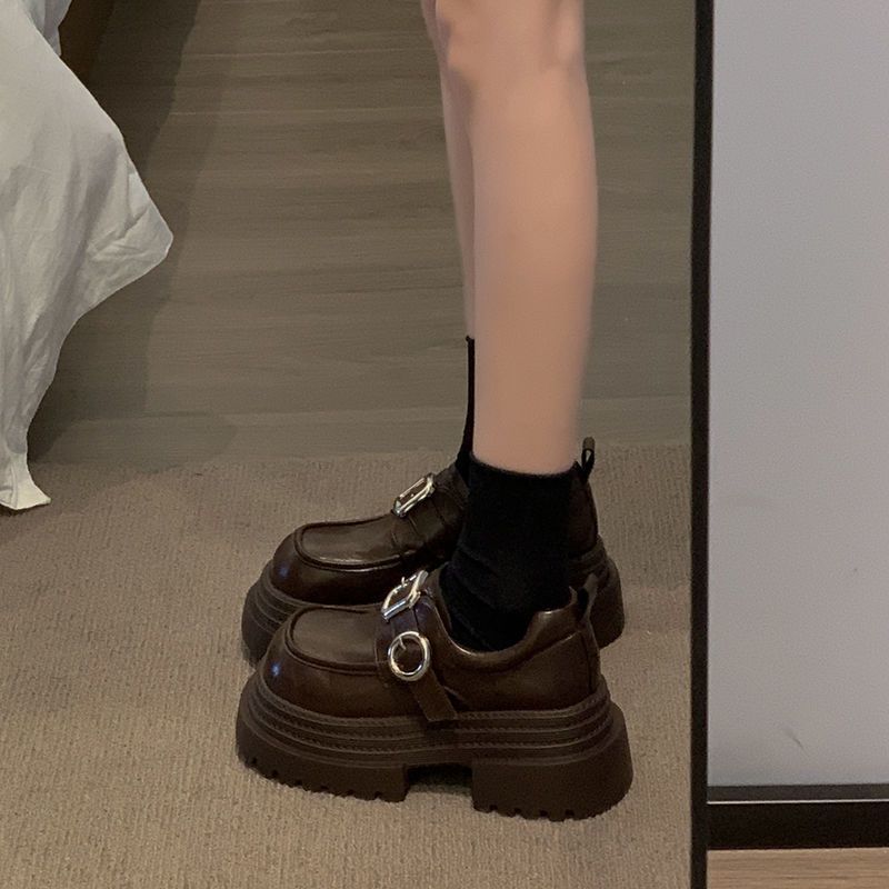 British Style Fashion Small Leather Shoes Platform Single Shoes Women's Metal Buckle Muffin Heightening Loafers 2025 New Autumn and Winter