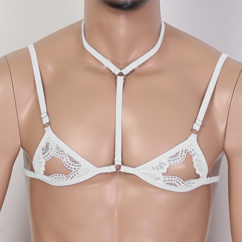 Lace Sexy Lingerie for Male Lace Half Cup Bra Underwired Open Nipple Push Up Cupless Exposed Breasts Underwired See