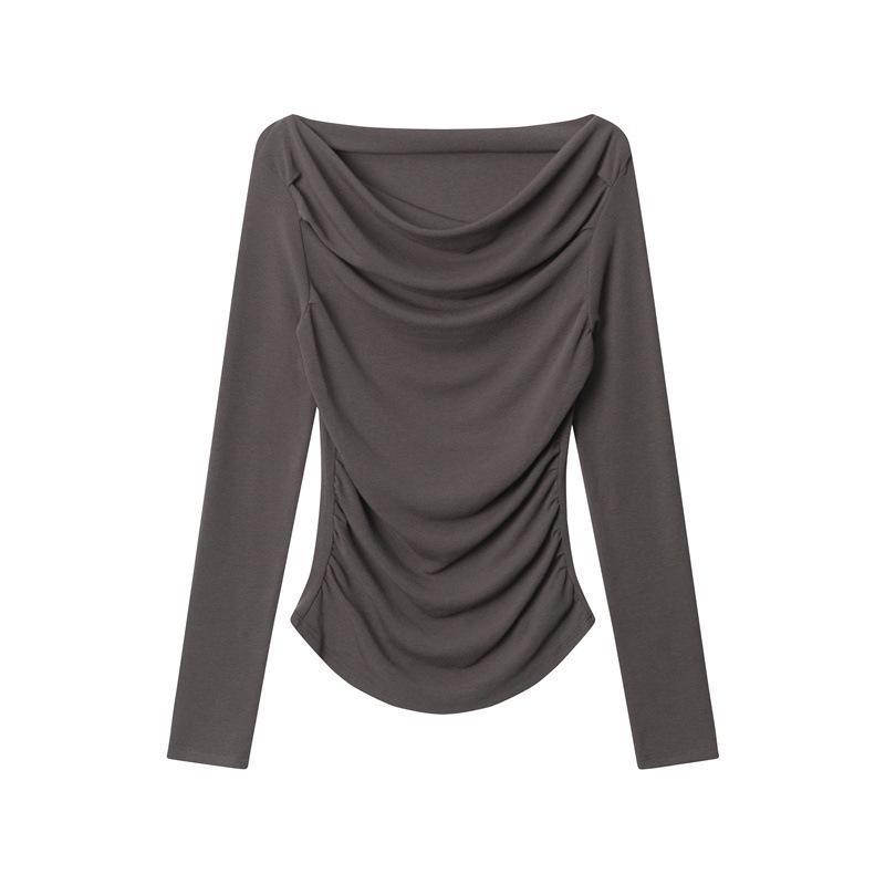 

Топ с драпировкой на шее и на одно плечо HeyHenry Осень 2025 для женщин - Необычный дизайн, Длинные рукава, Короткий стиль Large коричневый