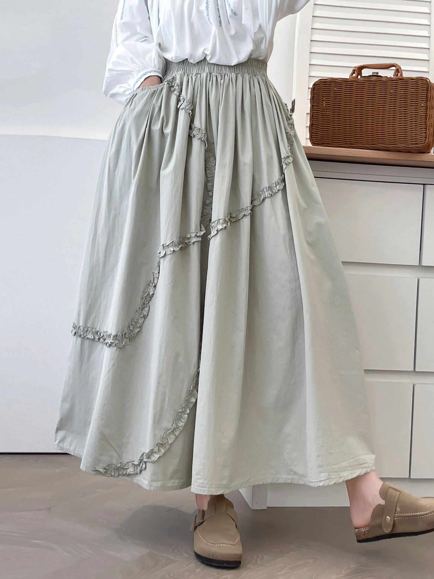 

Johnature Весенняя свободная повседневная юбка-зонтик с большим качелями, японские карманы из полбы, женские юбки с оборками в стиле пэчворк One Size светло-зеленый