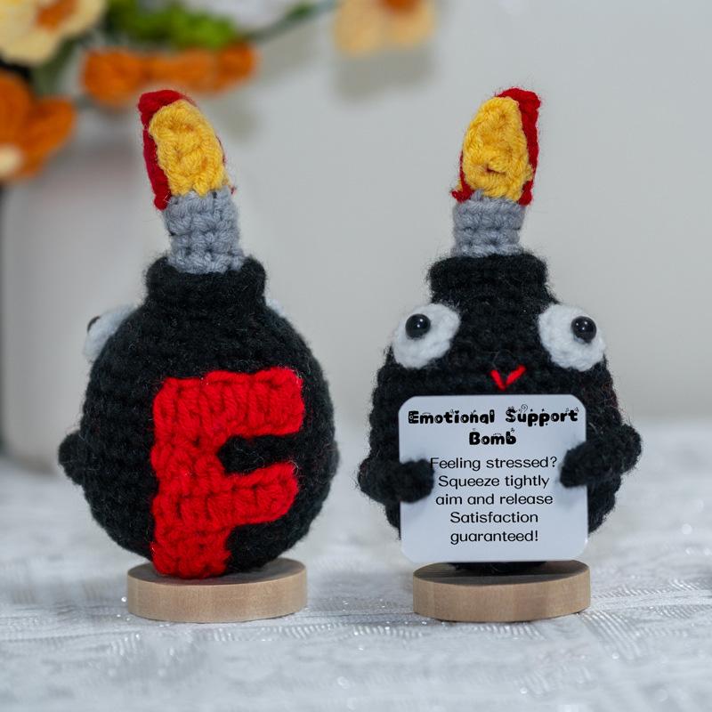 Funny Crochet Emotional Support Cat Doll With Card Desktop Ornament Handmade Knitted Cat Dolls Christmas Gifts Home Decoration