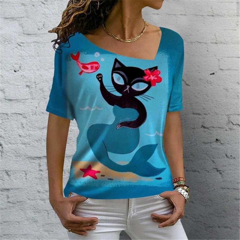 Kreslená kočka Digitální 3D tisk Dámské tričko Krátký rukáv Léto Ležérní Šikmý límec Personalizované Žena Dámské topy Oblečení