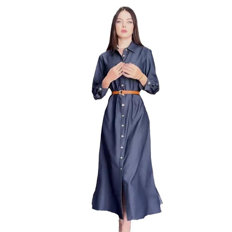 2024 Autumn European and American Women's Solid Color Turn-down Collar Multi-button Shirt Dress