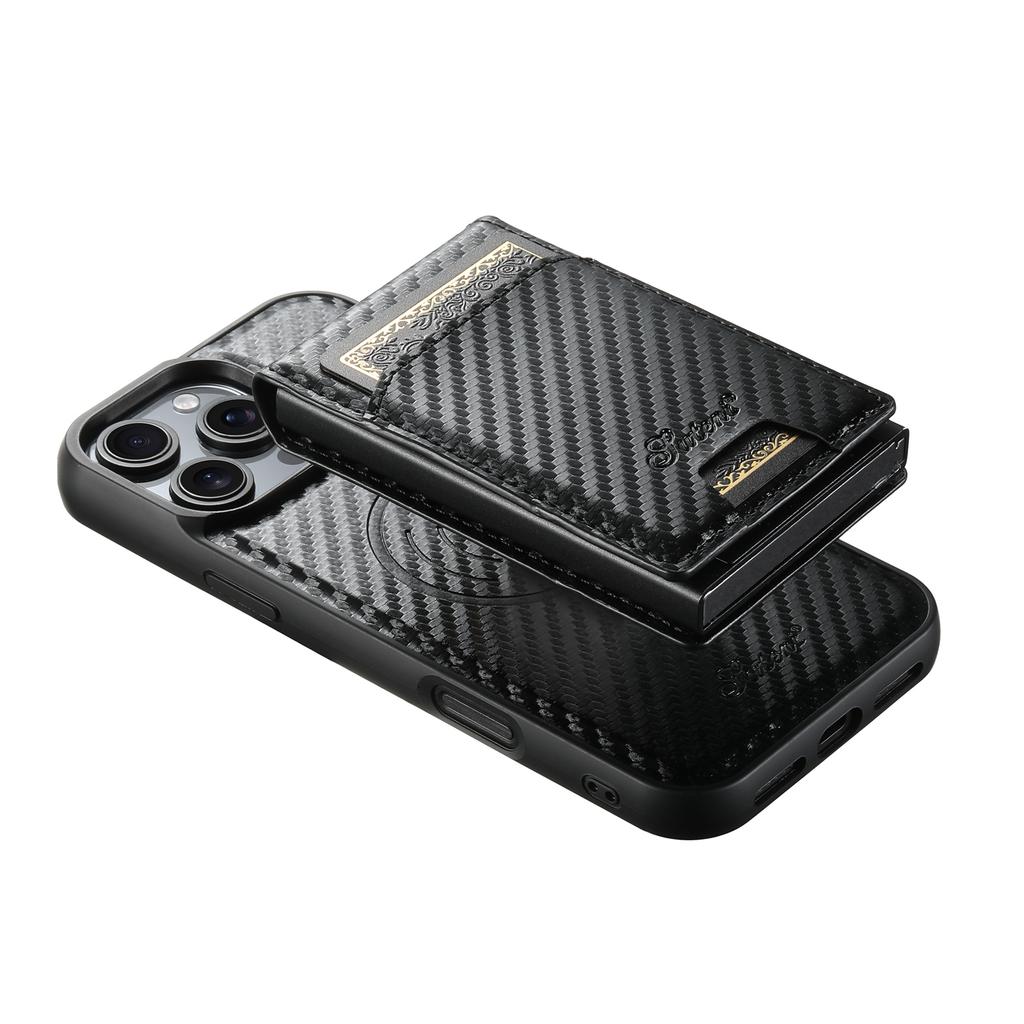 SUTENI H19 For iPhone 16 Pro Magnetic Case Carbon Fiber Texture Leather Back Cover with Card Bag