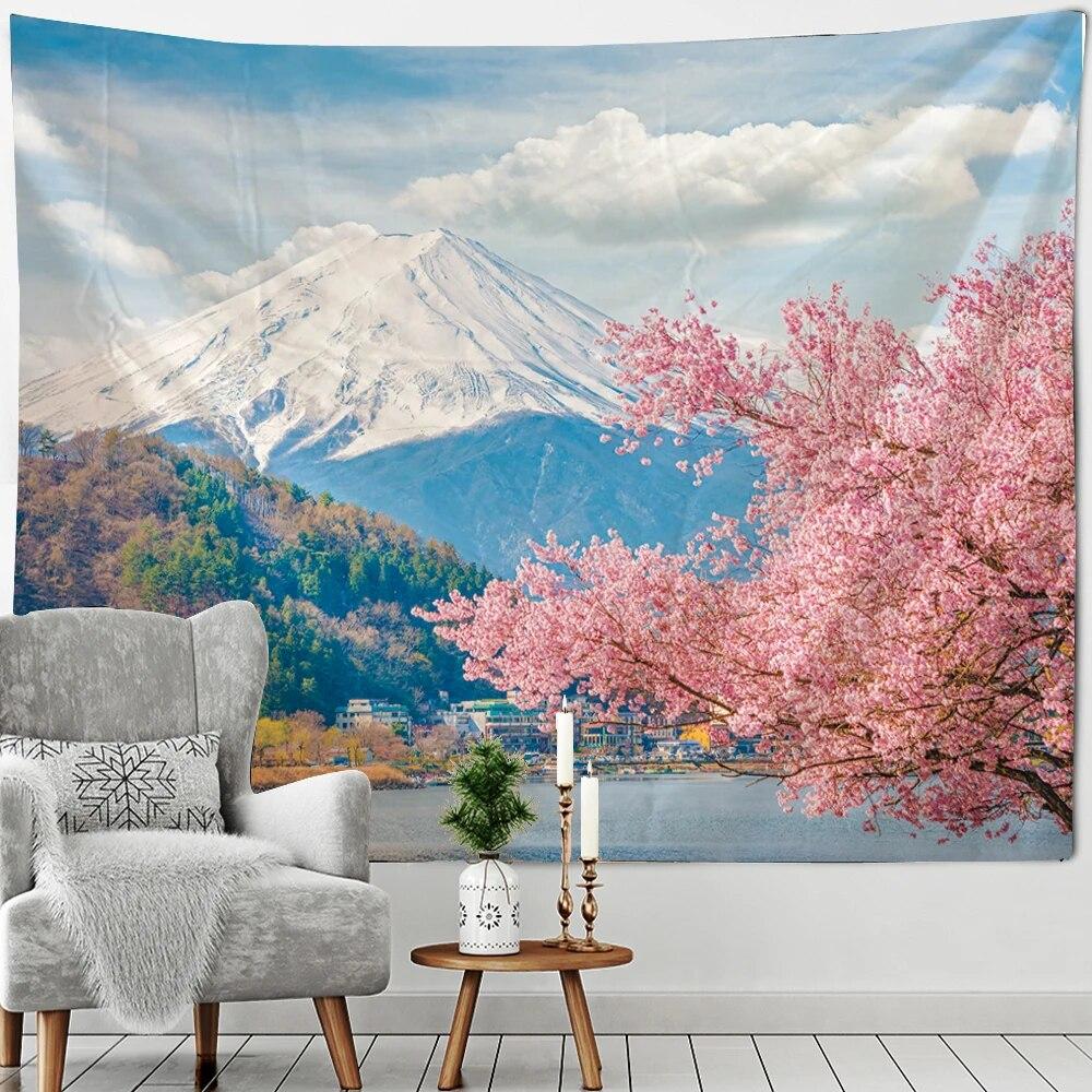Beautiful Mount Fuji Sakura Pagoda Landscape Wall Hanging Tapestry Decorative Art Suitable for Living Room Room Home Decor