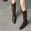 2025 Autumn Retro Chunky Heel Women's Knight Boots - Pointed Toe, Ruched Slouch, English Western Style High Boots
