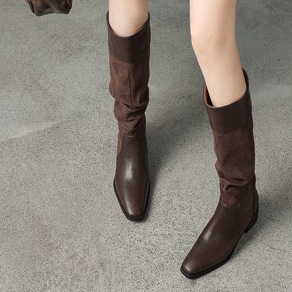 2025 Autumn Retro Chunky Heel Women's Knight Boots - Pointed Toe, Ruched Slouch, English Western Style High Boots