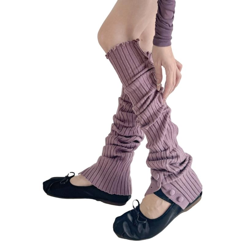 Ribbed Knit Thigh High Footless Long Socks with Button Detail Split Designs Over Knee Leg Warmers for Dance Enthusiasts