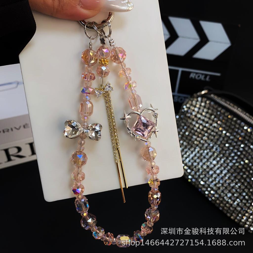 New High-Quality Phone Chain Creative Heart Zircon Hanging Chain Crystal Ins Style Bow CCD Bag Strap Short
