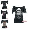 Stylish Women's Fashion Skull Printed Cool Black T-shirt Plus Size Slash Slit Tops