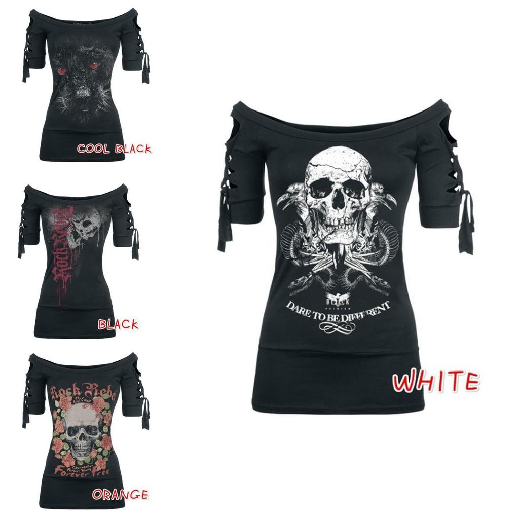 Stylish Women's Fashion Skull Printed Cool Black T-shirt Plus Size Slash Slit Tops