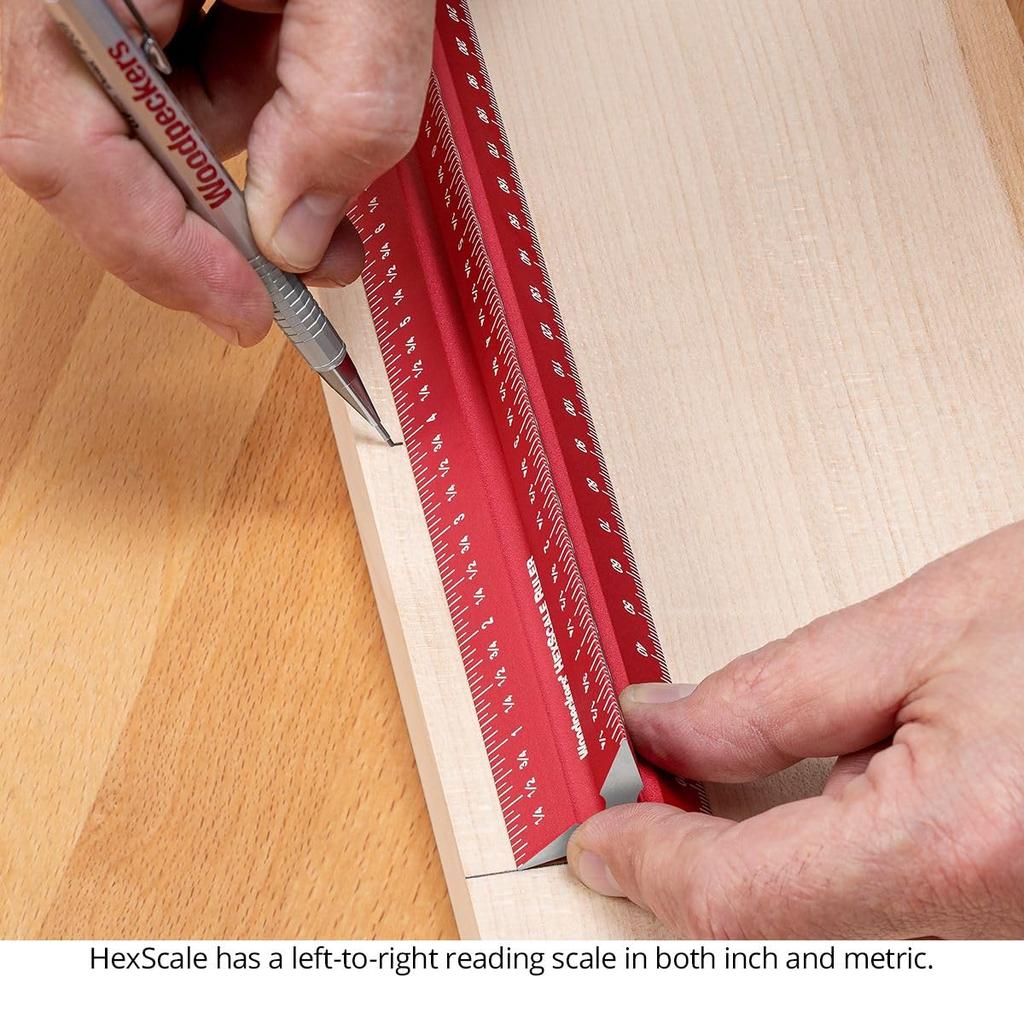Woodpeckers Hexscale 600MM Woodworking Ruler with Centering R2L L2R Architect Style Rule, 24" / 6-in-1 Stops, Inch, Metric, Scale, & Measurements,