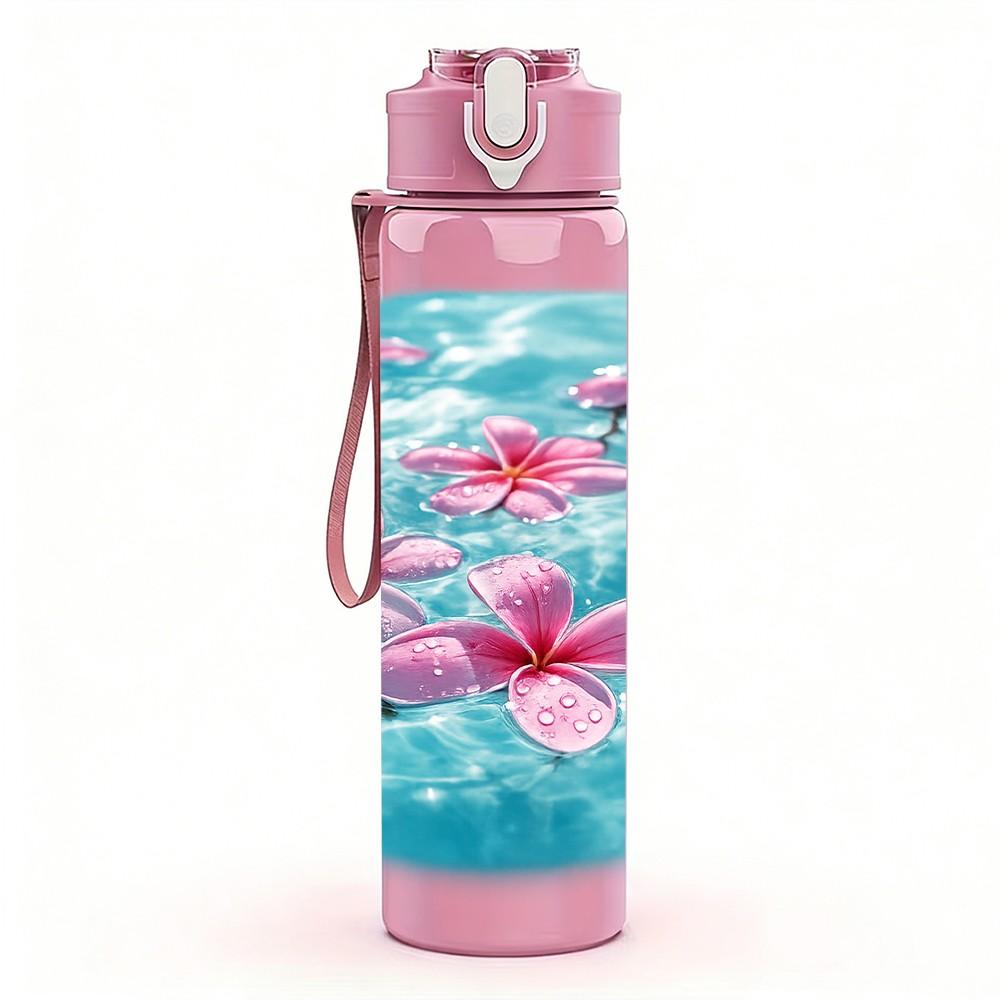 1PC Lotus Flower Water Pond Print 750ml Color Plastic Sports Water Bottle Leakproof Flip Straw Lid Suitable for Sports Office Home Use