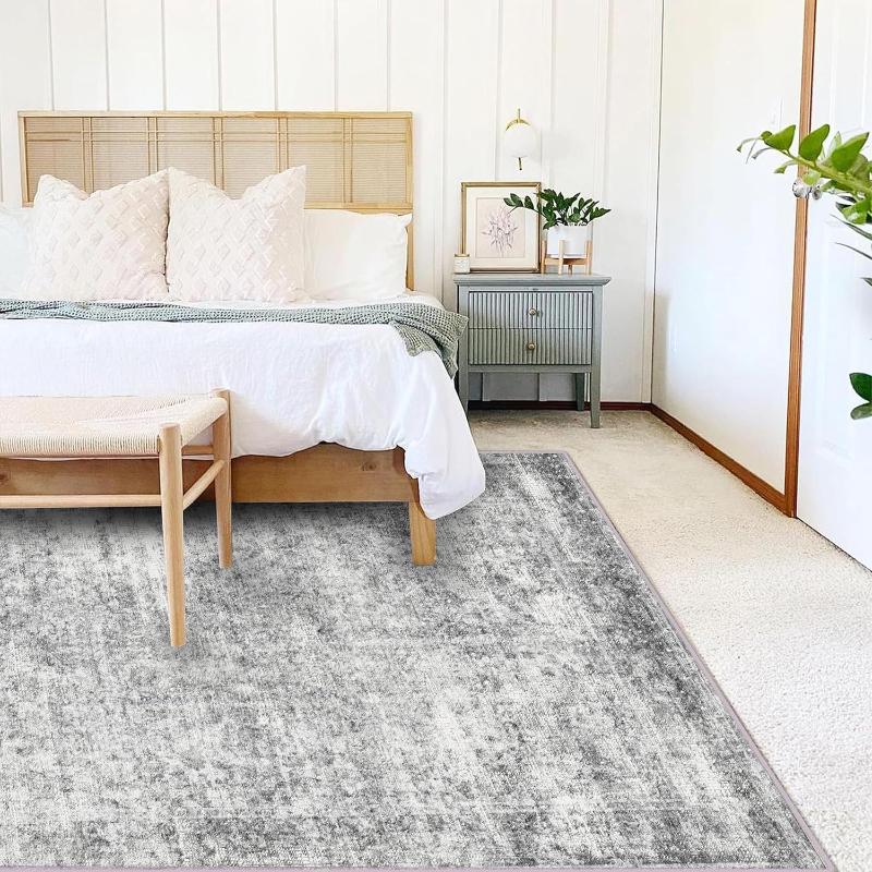 Bereichsteppich Waschbarer Teppich Grau Vintage Traditionell Bodenbelag Faltbar Dünn Retro Akzent Innen Distressed Teppich Blumendruck Matte Schlafzimmer Wohnzimmer