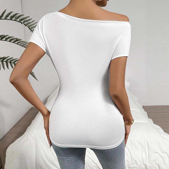 Ladies Summer Short Sleeve Skew Collar Solid Color Slim Fit Bodycon Pullover Casual T Shirt Top