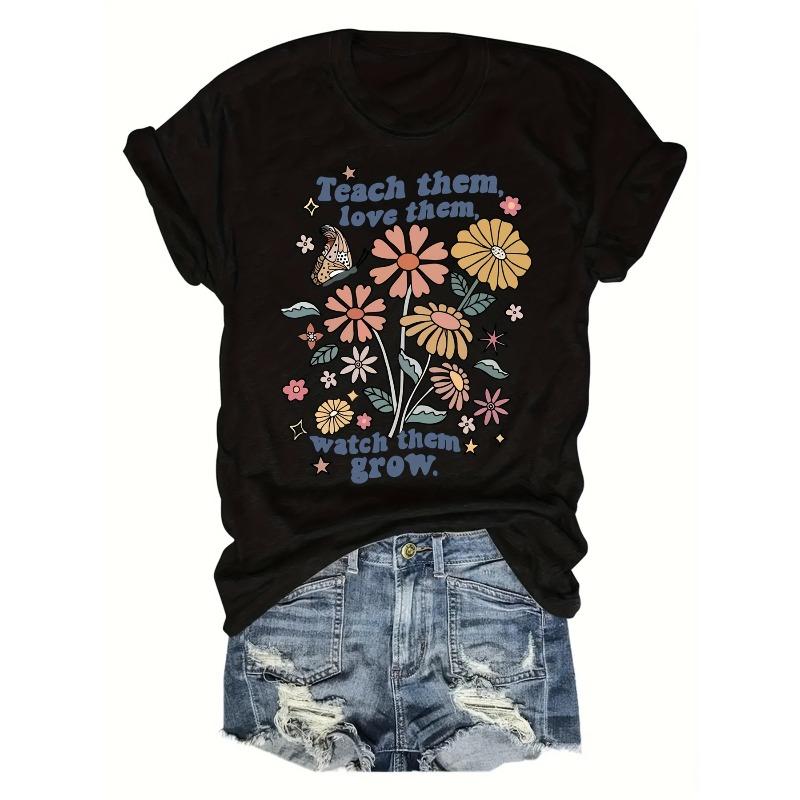 

Womens Plus Size Teach Them Letter Floral Print T Shirt Casual Short Sleeve Crew Neck Spring Summer Top 4XL чорний