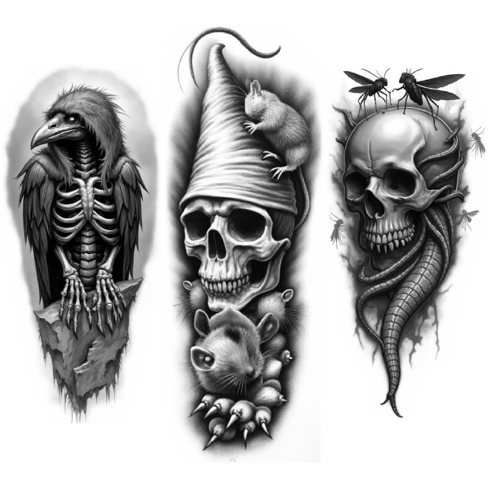 3pcs Temporary Tattoo Tattoo Skull Realistic Temporary Tattoos Skull And Rainbow Crow Skeleton Black And Grey Realism For Men