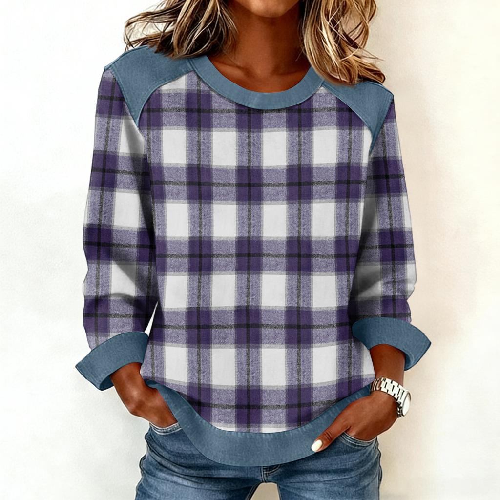 Damen Jeanskragen Patchwork Nähte Sweatshirt Lässig Pullover Langarmshirts