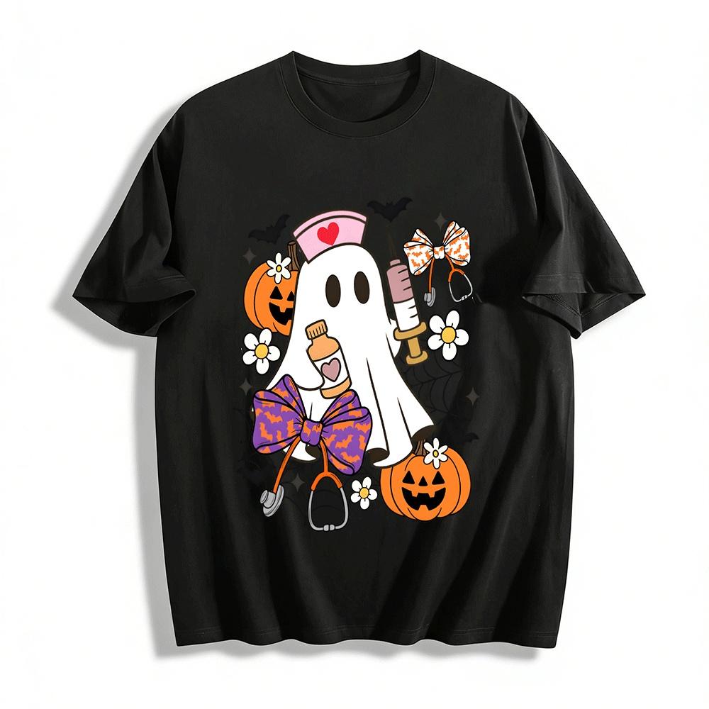 Halloween Nurse Ghost Print Casual Top For Medical Workers Pure cotton T-shirt XXS