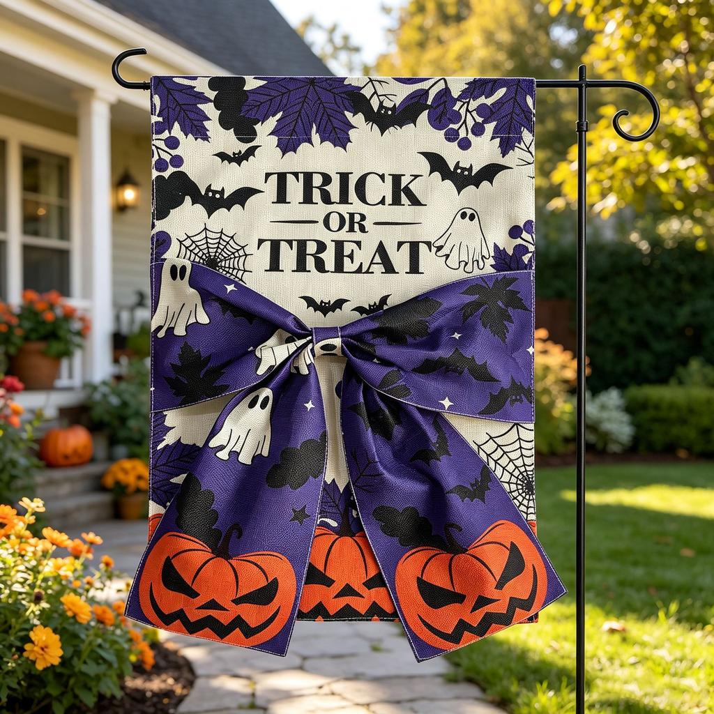 30*45cm Halloween Garden Flag, Double Sided Linen Bow Decor, Digital Printed Yard Banner for Patio Lawn Decoration