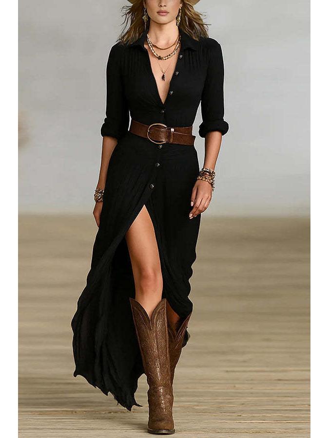 2025 European & American Women's Autumn Sexy Solid Color Belted Irregular Ruffle Dress