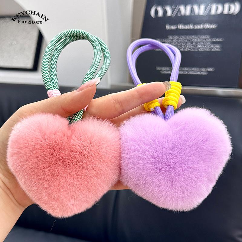 Heart Keychain Plush Pompom Rabbit Fur Keychain Women Bag Car Key Chain Pendant Decoration Jewelry Hangings Accessories Gifts