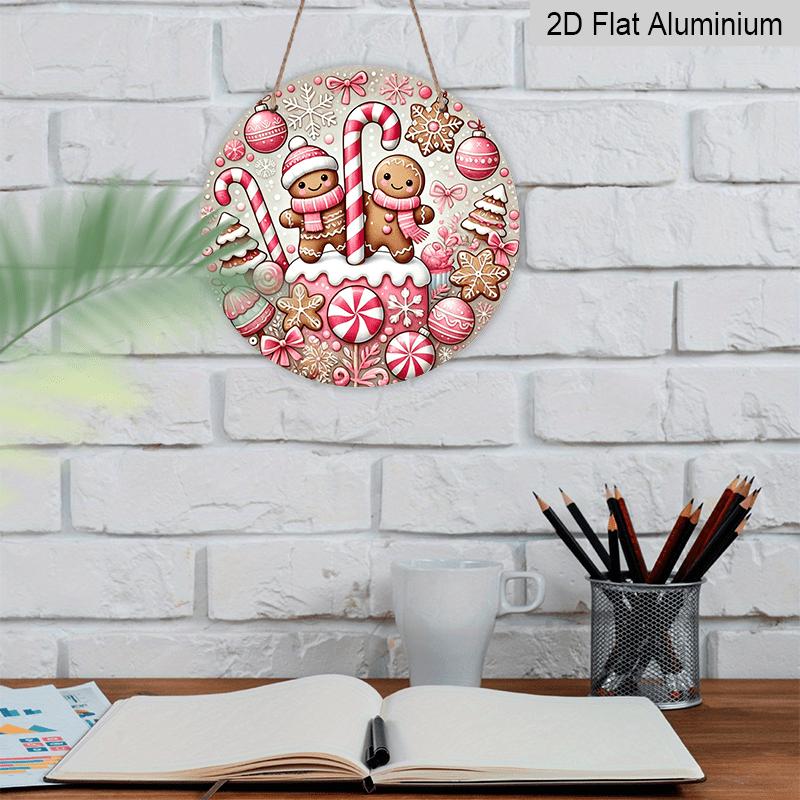 2D Flat, 1pc Charming Pink Sweet World Christmas Candy & Gingerbread Round Metal Wall Art, Festive Aluminum Sign with Candy Canes, Snowflakes