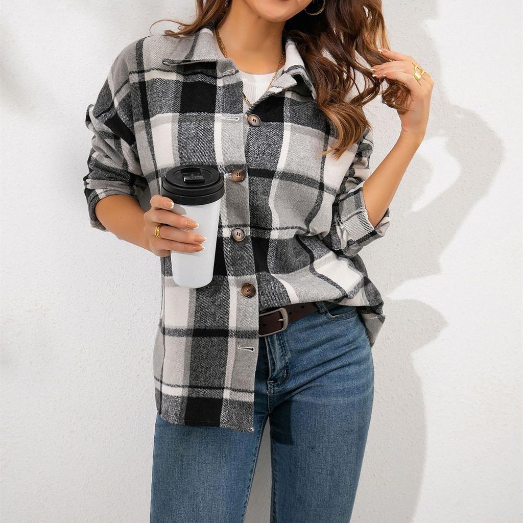 Fashion Women's  Casual Loose Grinding Wool Plush Plaid Long-sleeved Shirt Jacket