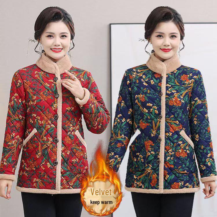 

Women s Plus Size Floral Cotton Coat with Fleece - Warm Winter Jacket for Mid-aged and Elderly 2XL (110~125 cm) червоний