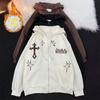 Unisex Hooded Zip-Up Sweatshirt With Cross Flock Embroidery Oversized Warm Fleece Lined Pullover Winter Casual Wear