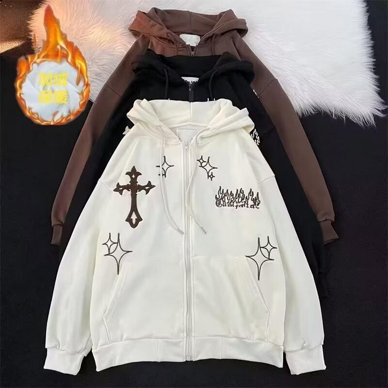 Unisex Hooded Zip-Up Sweatshirt With Cross Flock Embroidery Oversized Warm Fleece Lined Pullover Winter Casual Wear